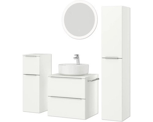 Ensemble de salle de bains avec lavabo, meuble sous-vasque, armoire de toilette et armoire haute