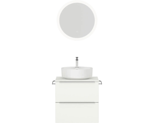 Set de meubles de salle de bains NOBILIA Programm 3 lxhxp 61 x 169,1 x 48,7 cm couleur de façade blanc mat avec vasque à poser blanc et miroir rond avec éclairage LED barre de prise chrome mat 344
