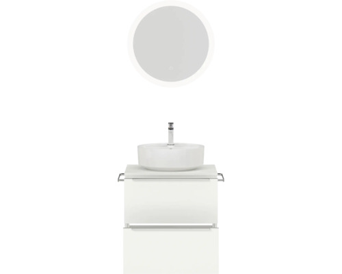 Meuble-lavabo avec vasque à poser ronde, meuble sous-vasque et miroir LED