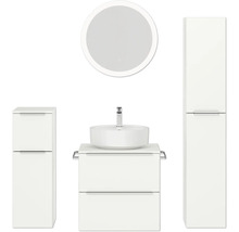 Badezimmer-Set mit Waschtisch, rundem Spiegel und zwei Hochschränken