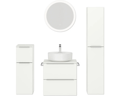 Set de meubles de salle de bains NOBILIA Programm 3 lxhxp 140 x 169,1 x 48,7 cm couleur de façade blanc mat avec vasque à poser blanc et miroir rond avec éclairage LED armoire midi meuble bas barre de prise chrome mat 368