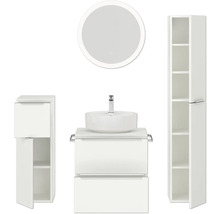 Badezimmerensemble mit Waschtisch, Aufsatzwaschbecken, Spiegelschrank und Hochschrank