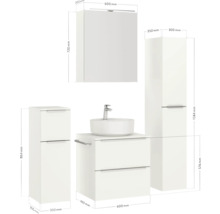 Badezimmermöbel Set mit Waschtisch, Waschbecken, Spiegelschrank und Hochschrank mit Maßangaben
