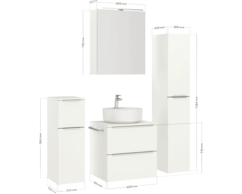 Ensemble de meubles de salle de bains avec meuble-lavabo, lavabo, armoire de toilette et armoire haute avec dimensions