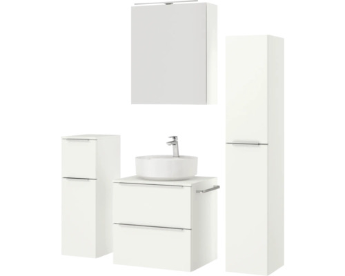 Ensemble de salle de bains avec lavabo, meuble sous-vasque, armoire de toilette et armoire haute