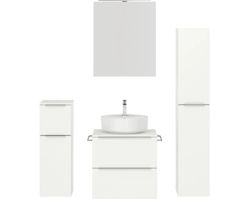 Set de meubles de salle de bains NOBILIA Programm 3 lxhxp 140 x 169,1 x 48,7 cm couleur de façade blanc mat avec vasque à poser et armoire de toilette à 1 portes avec éclairage LED meuble bas armoire midi barre de prise chrome mat 360