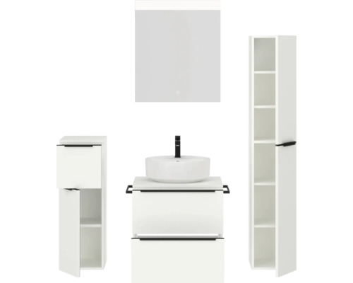 Ensemble de salle de bains avec meuble-lavabo, vasque, armoire de toilette et armoire haute