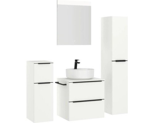 Ensemble de salle de bains avec meuble-lavabo, vasque à poser, armoire de toilette et armoire haute