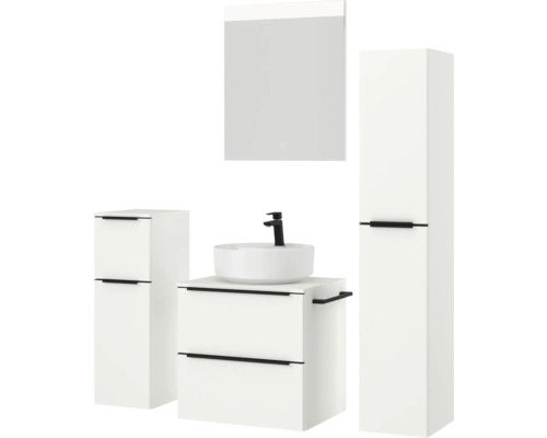 Ensemble de salle de bains avec meuble-lavabo, vasque à poser, armoire de toilette et armoire haute