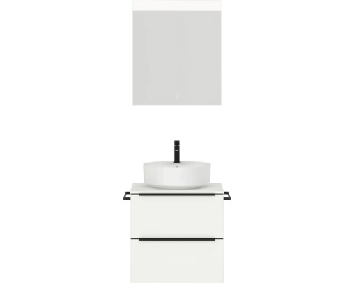 Set de meubles de salle de bains NOBILIA Programm 3 lxhxp 61 x 169,1 x 48,7 cm couleur de façade blanc mat avec vasque à poser blanc et miroir avec éclairage LED barre de prise noire 329