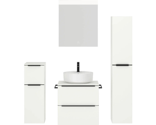 Set de meubles de salle de bains NOBILIA Programm 3 lxhxp 140 x 169,1 x 48,7 cm couleur de façade blanc mat avec vasque à poser blanc et miroir avec éclairage LED armoire midi meuble bas poignée barre noir 353