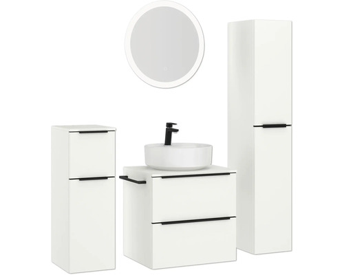 Ensemble de salle de bains avec meuble-lavabo, lavabo, armoire de toilette et armoire haute pour une salle de bains claire et ordonnée