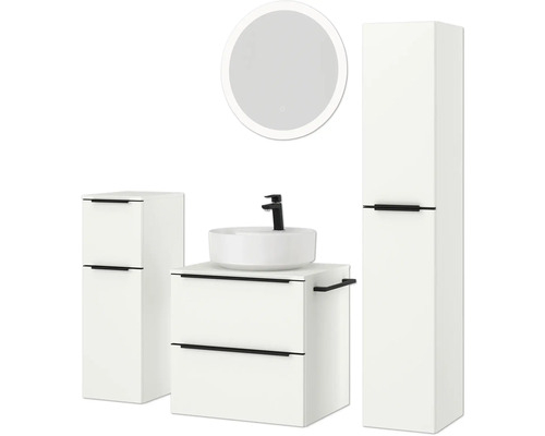 Ensemble de salle de bains avec meuble-lavabo, vasque, armoire de toilette et armoire haute