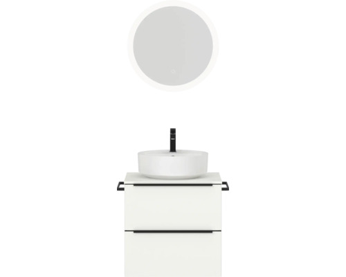 Set de meubles de salle de bains NOBILIA Programm 3 lxhxp 61 x 169,1 x 48,7 cm couleur de façade blanc mat avec vasque à poser blanc et miroir rond avec éclairage LED barre de prise noire 345