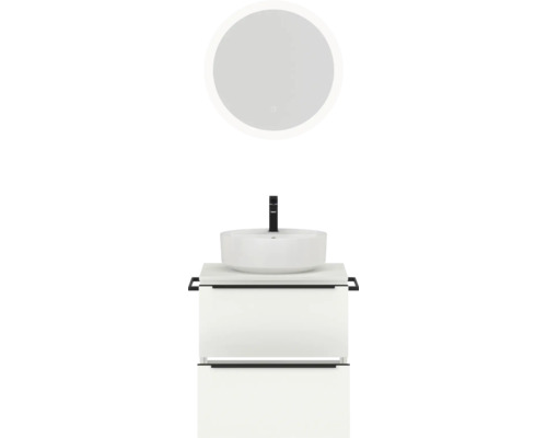Badezimmer-Ensemble mit rundem Spiegel, Aufsatzwaschbecken und Unterschrank