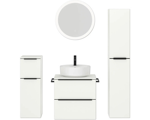 Set de meubles de salle de bains NOBILIA Programm 3 lxhxp 140 x 169,1 x 48,7 cm couleur de façade blanc mat avec vasque à poser blanc et miroir rond avec éclairage LED armoire midi meuble bas barre de prise noire 369