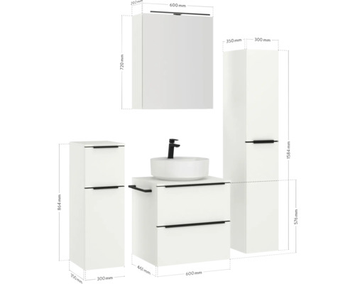 Ensemble de salle de bains avec lavabo, meuble sous-vasque, armoire haute et armoire suspendue avec dimensions
