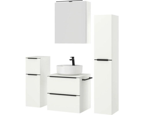 Ensemble de salle de bains avec meuble-lavabo, vasque à poser, armoire de toilette et armoire haute