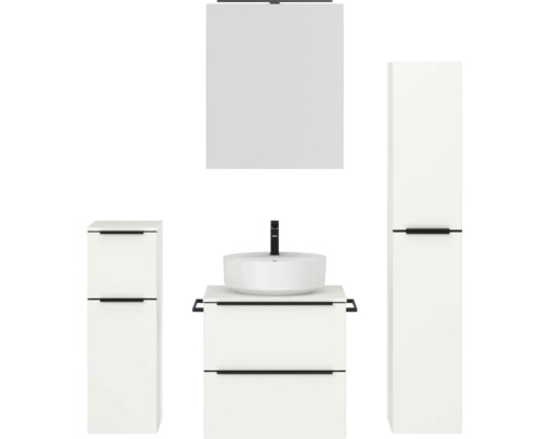 Badmöbel-Set NOBILIA Programm 3 BxHxT 140 x 169,1 x 48,7 cm Frontfarbe weiß matt mit Aufsatz-Waschtisch und Spiegelschrank 1-türig mit LED-Beleuchtung Unterschrank Midischrank Griffleiste schwarz 361 Badezimmerset mit Waschbecken, Waschtischunterschrank, Spiegelschrank und Hochschrank