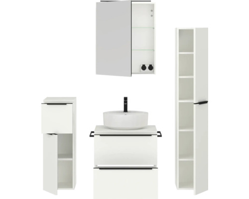 Ensemble de salle de bains avec lavabo, armoire de toilette et armoires hautes