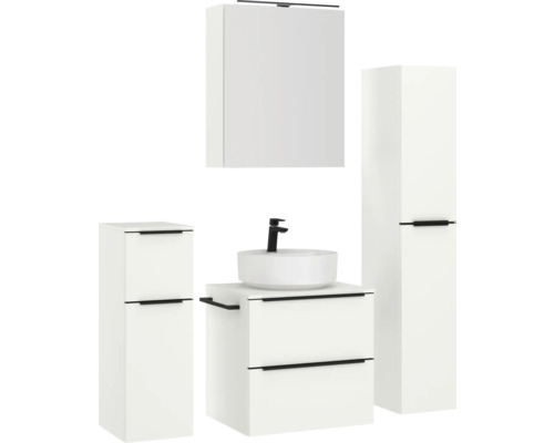 Ensemble de salle de bains avec meuble-lavabo, vasque à poser, armoire de toilette et armoire haute