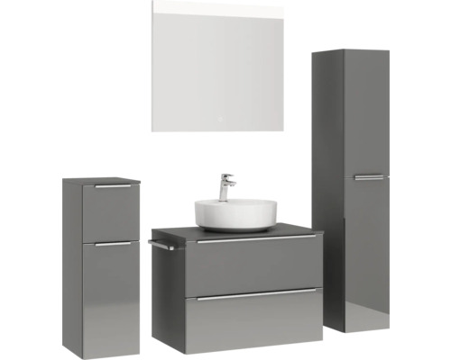 Graues Badezimmerset mit Waschtisch, Spiegel und Schränken