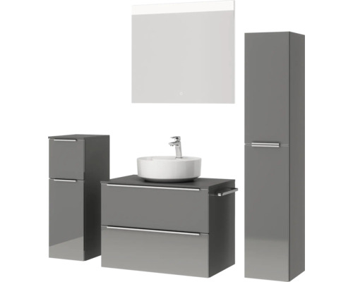 Graues Badezimmer-Set mit Waschtisch, Spiegel, Waschbecken und Stauraum