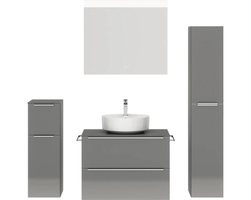 Badmöbel-Set NOBILIA Programm 3 BxHxT 160 x 169,1 x 48,7 cm Frontfarbe grau hochglanz mit Aufsatz-Waschtisch weiß und Spiegel mit LED-Beleuchtung Midischrank Unterschrank Griffleiste chrom matt 412 Badezimmer-Set mit Waschtisch, Aufsatzwaschbecken, Spiegelschrank und Hochschränken
