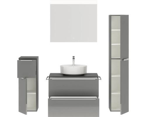 Badezimmer Set mit Waschtisch, Aufsatzwaschbecken, Spiegelschrank und zwei Hochschränken