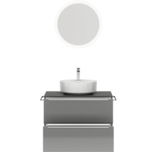 Badmöbel-Set NOBILIA Programm 3 BxHxT 81 x 169,1 x 48,7 cm Frontfarbe grau hochglanz mit Aufsatz-Waschtisch weiß und Spiegel rund mit LED-Beleuchtung Griffleiste chrom matt 404