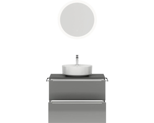 Badezimmerwaschtisch mit Aufsatzwaschbecken und rundem Spiegel mit Beleuchtung