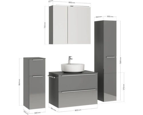 Badezimmermöbelset mit Waschtisch, Waschbecken, Spiegelschrank und Hochschrank mit Maßangaben
