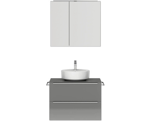 Set de meubles de salle de bains NOBILIA Programm 3 lxhxp 81 x 169,1 x 48,7 cm couleur de façade gris haute brillance avec vasque à poser et armoire de toilette à 2 portes avec éclairage LED barre de prise chrome mat 396