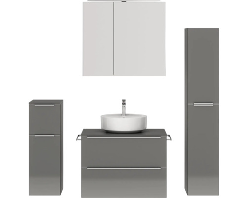 Set de meubles de salle de bains NOBILIA Programm 3 lxhxp 160 x 169,1 x 48,7 cm couleur de façade gris haute brillance avec vasque à poser et armoire de toilette à 2 portes avec éclairage LED meuble bas armoire midi barre de prise chrome mat 420