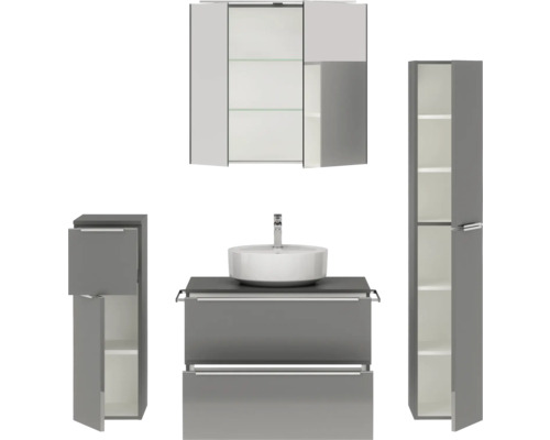 Modernes Badezimmerset mit Waschtisch, Aufsatzwaschbecken, Spiegelschrank und Hochschränken