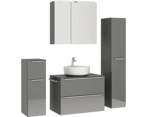 Badezimmer-Set mit Waschtisch, Aufsatzwaschbecken, Spiegelschrank und Hochschrank