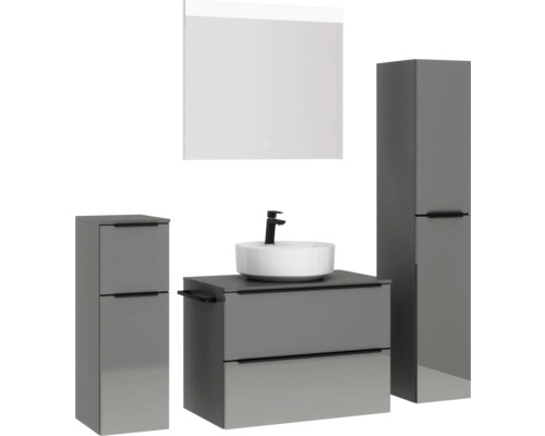 Badezimmer Set mit Waschtisch, Waschbecken, Spiegelschrank und Hochschränken