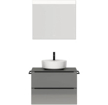 Badmöbel-Set NOBILIA Programm 3 BxHxT 81 x 169,1 x 48,7 cm Frontfarbe grau hochglanz mit Aufsatz-Waschtisch weiß und Spiegel mit LED-Beleuchtung Griffleiste schwarz 389