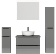 Graues Badezimmerset mit Waschtisch, Waschbecken, Spiegelschrank und Hochschrank