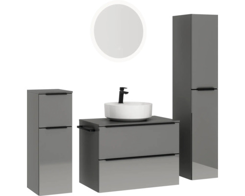 Badezimmerset mit Waschbecken, Unterschrank, Spiegelschrank und Hochschrank