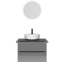 Badmöbel-Set NOBILIA Programm 3 BxHxT 81 x 169,1 x 48,7 cm Frontfarbe grau hochglanz mit Aufsatz-Waschtisch weiß und Spiegel rund mit LED-Beleuchtung Griffleiste schwarz 405