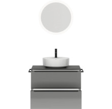 Badmöbel-Set NOBILIA Programm 3 BxHxT 81 x 169,1 x 48,7 cm Frontfarbe grau hochglanz mit Aufsatz-Waschtisch weiß und Spiegel rund mit LED-Beleuchtung Griffleiste schwarz 405