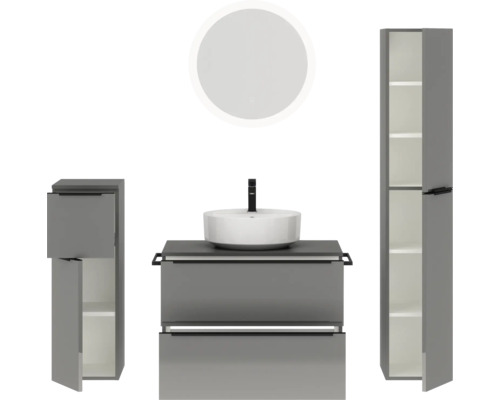 Badezimmergarnitur mit Waschbecken, Waschtisch, Spiegelschrank und Hochschrank