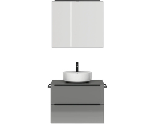 Badmöbel-Set NOBILIA Programm 3 BxHxT 81 x 169,1 x 48,7 cm Frontfarbe grau hochglanz mit Aufsatz-Waschtisch und Spiegelschrank 2-türig mit LED-Beleuchtung Griffleiste schwarz 397