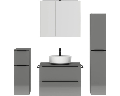 Set de meubles de salle de bains NOBILIA Programm 3 lxhxp 160 x 169,1 x 48,7 cm couleur de façade gris haute brillance avec vasque à poser et armoire de toilette à 2 portes avec éclairage LED meuble bas armoire midi barre de prise noir