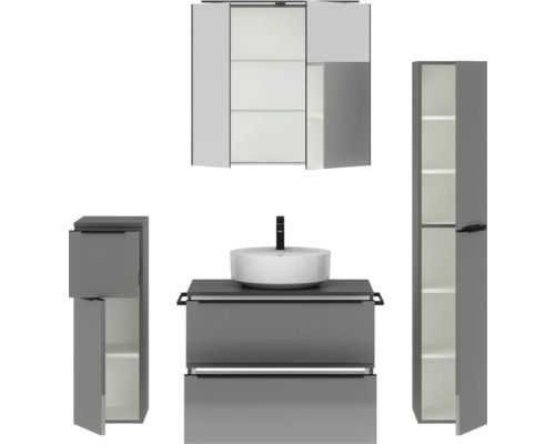 Modernes Badezimmermöbelset mit Waschtisch, Waschbecken, Spiegelschrank und Hochschrank