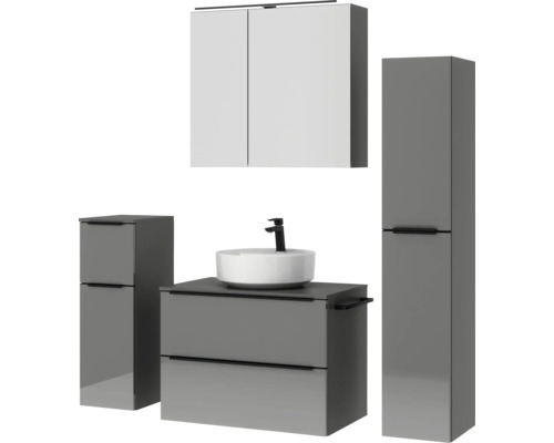 Badezimmermöbelset mit Waschtisch, Waschbecken, Spiegelschrank und Hochschrank