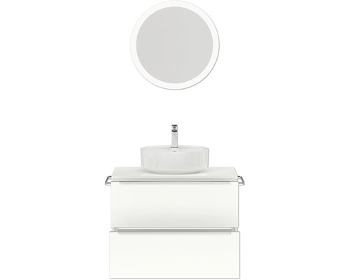 Ensemble de salle de bains avec miroir rond, vasque à poser et meuble sous-vasque