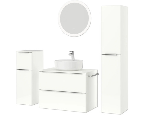 Ensemble de salle de bains avec meuble-lavabo, vasque à poser, armoire de toilette et armoire haute