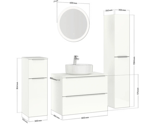 Ensemble de salle de bains avec meuble sous-lavabo, vasque à poser, armoire de toilette et armoire haute avec dimensions